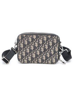 Dior Oblique Messenger Bag Mini Beige Navy Leather Canvas Silver